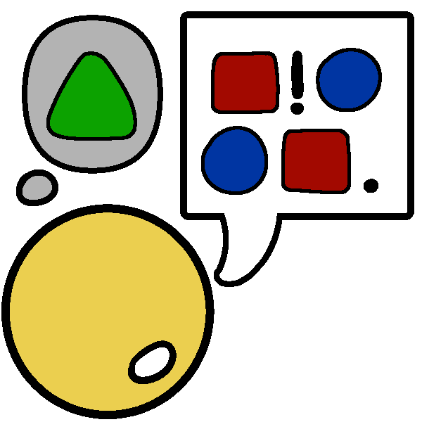 A simplified drawing of a person thinking of a green triangle, and then saying a red squares and blue circles.
